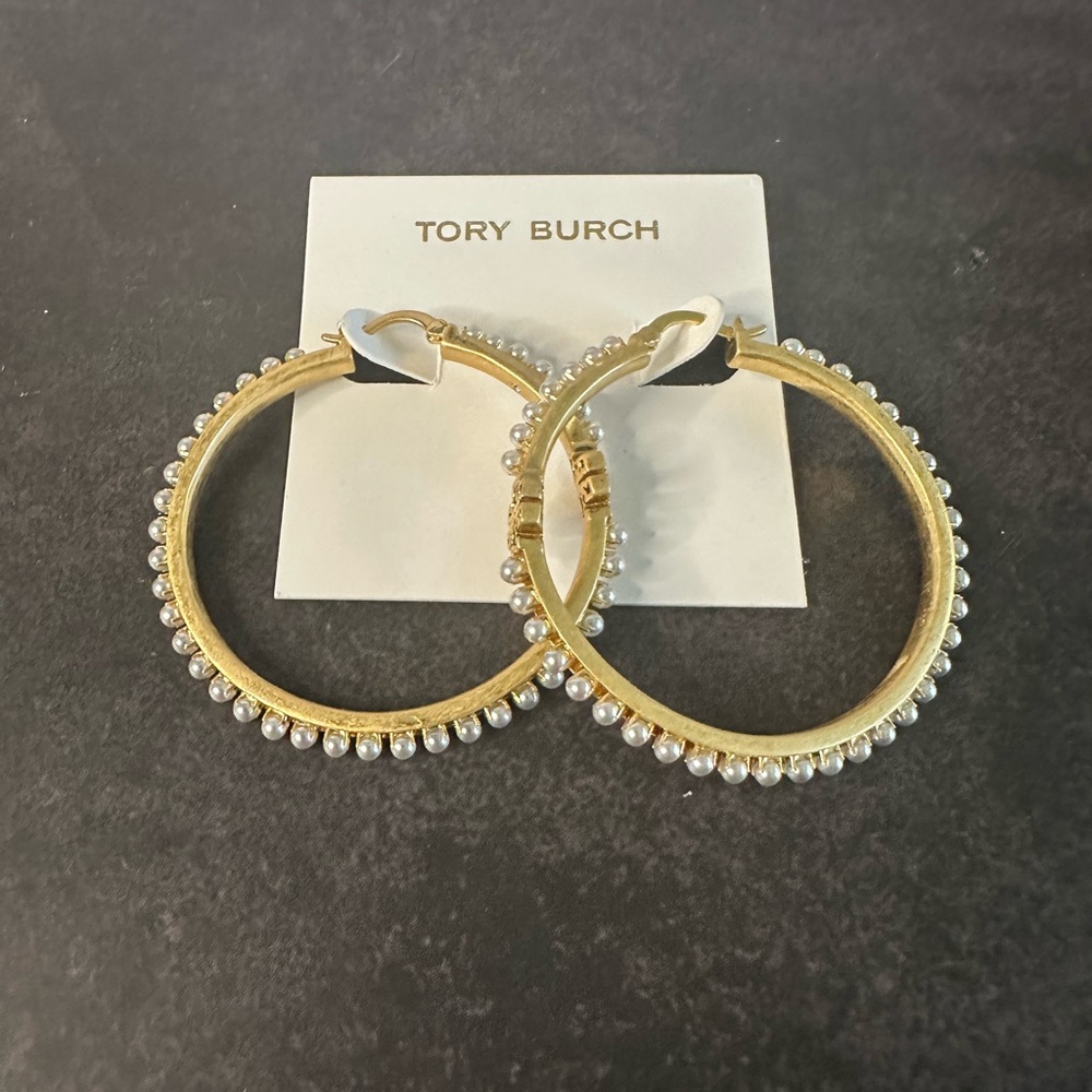 Tory Burch Pearl-Trimmed Gold Hoop Earrings